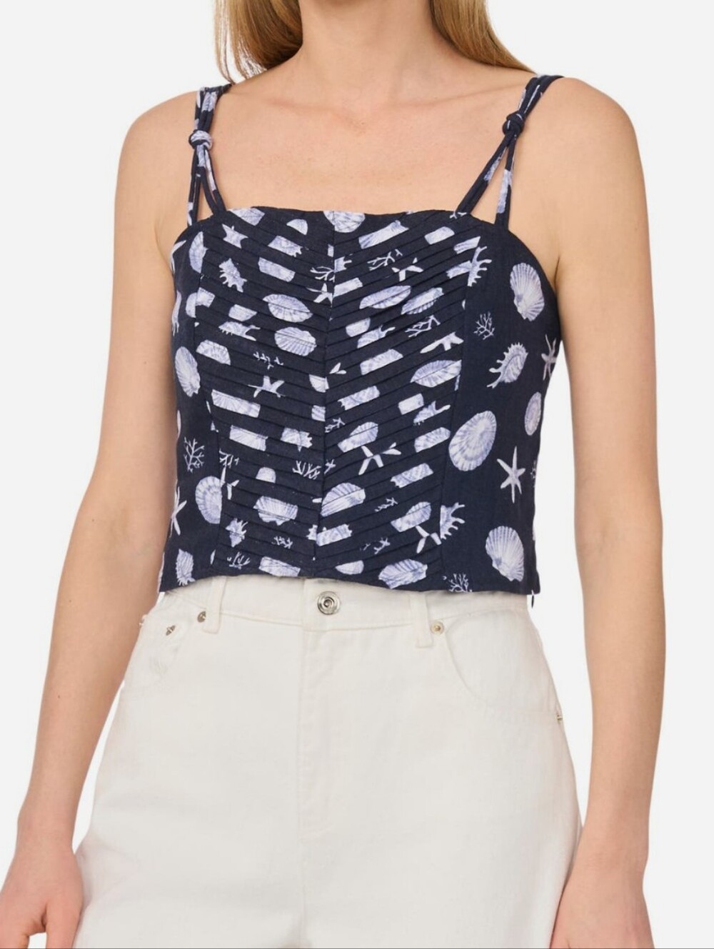 1.STATE Size Navy & White Print Pintuck Sleeveless Cami Top Msrp $69